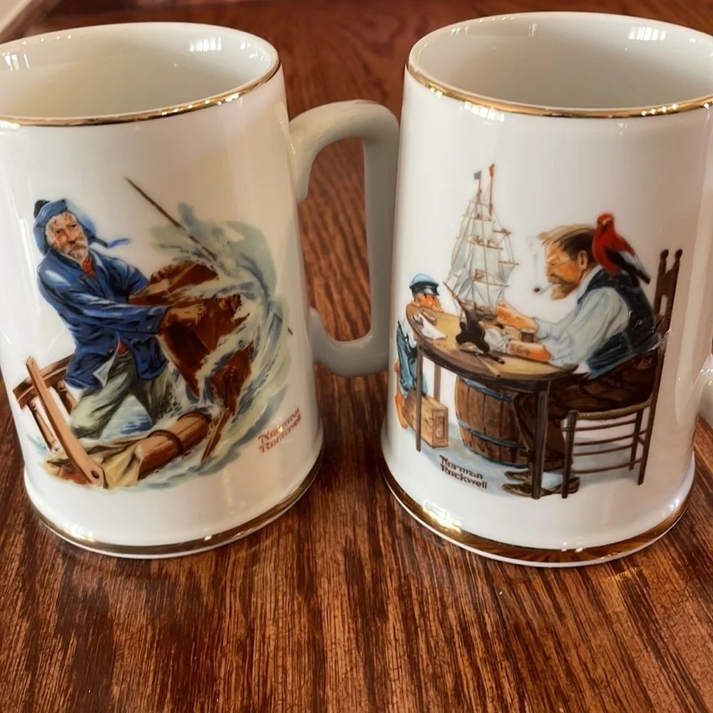NORMAN ROCKWELL 2 (pair) Mugs. Braving the storm / For a good boy collectibles